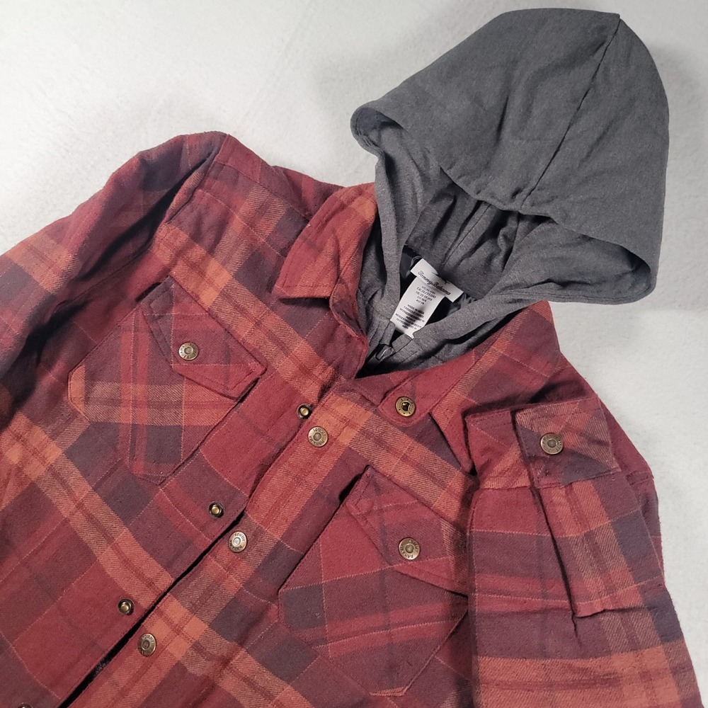 Tommy Bahama Hooded Flannel Jacket Kids XL 14 Red Plaid Quilted Lined Warm